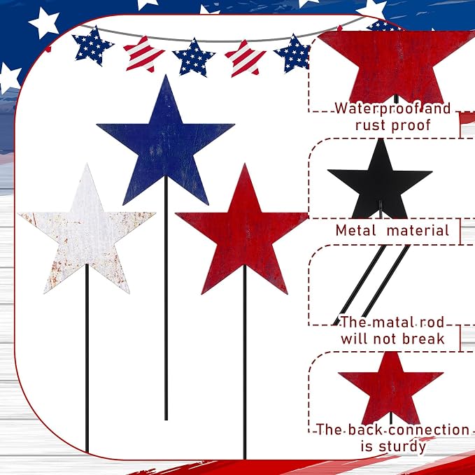 Pickmesh 6 Pcs 12" H 4th of July Outdoor Decor Vintage Patriotic Yard Decor Rustic Red Blue White Outdoor Metal Yard Sign Garden Stake Star 250th Anniversary American for Independence Day Decoration