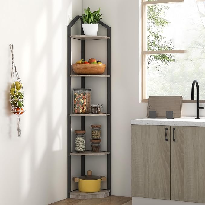 Fun Memories 5 Tier Corner Shelf, 70” Corner Shelf Stand, Corner Bookshelf Plant Stand, Storage Shelf for Bathroom, Living Room, Kitchen,Grey Home Office, Grey