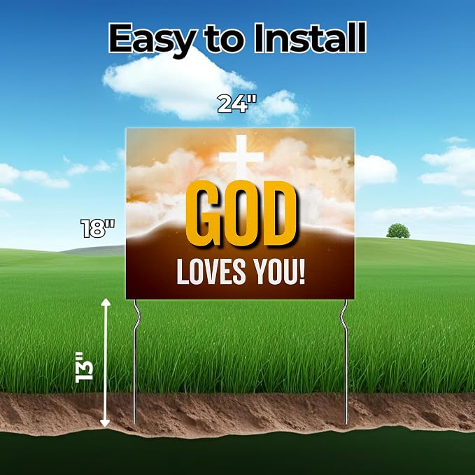 God Loves You! Yard Sign by DC | 24"x18" Double Sided Church Garden Sign with 13” Metal Stakes | Outdoor Signs Waterproof for Lawn, Patio, Sidewalk & House | Set of 2 | Made in USA