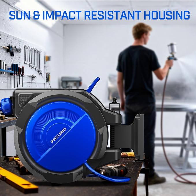 120FT+6.5FT Retractable Air Hose Reel, 5/16" Hybrid Air Hose, Air Compressor Hose Reel with Max 300 PSI Patented Design, Retractable Auto-Rewind Enclosed Heavy Duty 180° Swivel Mount