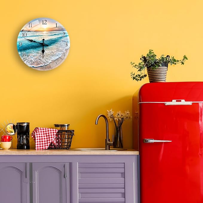 Britimes Round Wall Clock Silent Non-Ticking Battery Operated Outdoor Waterproof Glass Clock 12 Inch, Beach Sunset Summer Sea Home Decor for Living Room, Bathroom, Kitchen, Bedroom, and Office