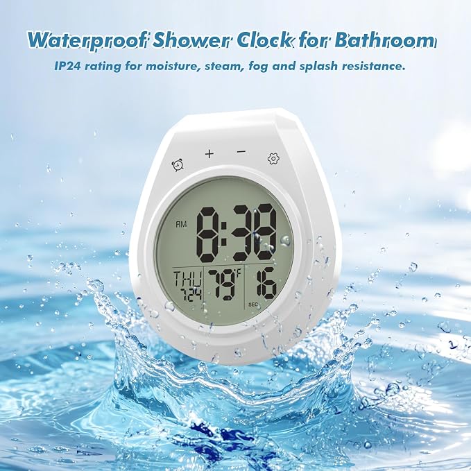 Shower Clock w/Timer Waterproof, Digital Bathroom Wall Clock w/Temperature | w/Date, Suction Cup, for Mirror, Bath, Kitchen, Battery Operated, White