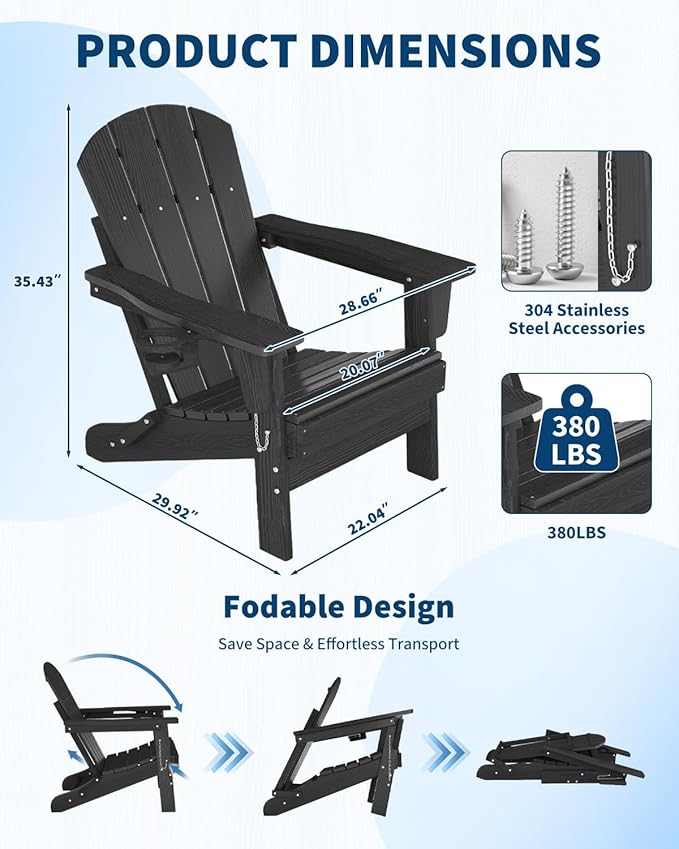 Folding Adirondack Chair, All-Weather HDPE Outdoor Chair, Wooden Textured with Cup Holder for patios, Decks, Gardens, fire pits, Black