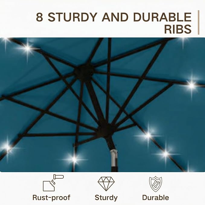 Kingdura 9FT Outdoor Patio Umbrella with Solar Lights, Market Table Umbrella with Push Button Tilt & Crank, 8 Sturdy Ribs, 32 LED Lights, UV Protection for Garden Lawn Deck Backyard Pool (Lake blue)