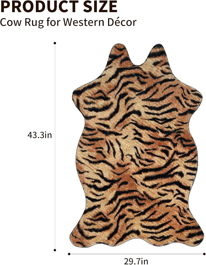 MACEVIA Tiger Printed Skin Area Rugs Western Decor for Living Room Bedroom Faux Animal Area Carpet Non-Slip Flannel Floor Mats 43.3" L x 29.5" W(3.6ft x 2.4ft)