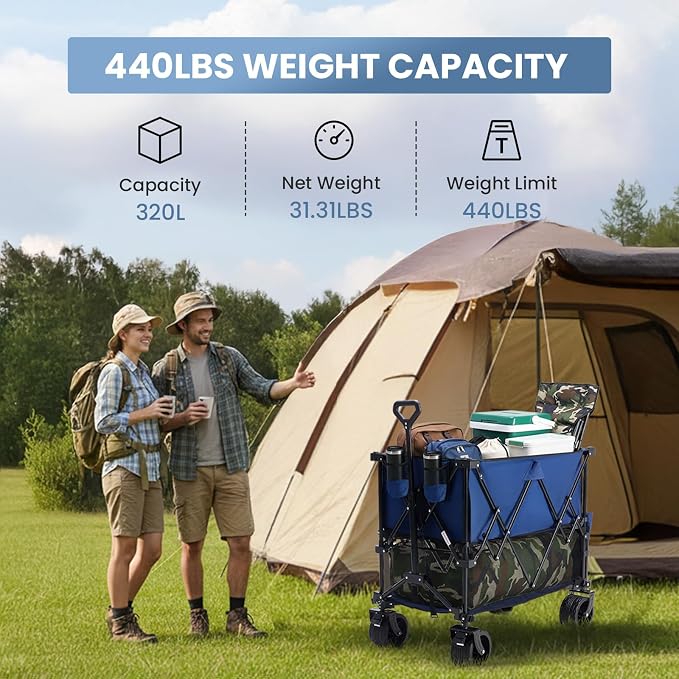 NEWBULIG Large Capacity Wagon Carts Foldable, 440LB Heavy-Duty Double Decker Wagon with All-Terrain Wheels, Portable Storage Shopping Cart for Groceries, Camping, Sports, Beach, Garden