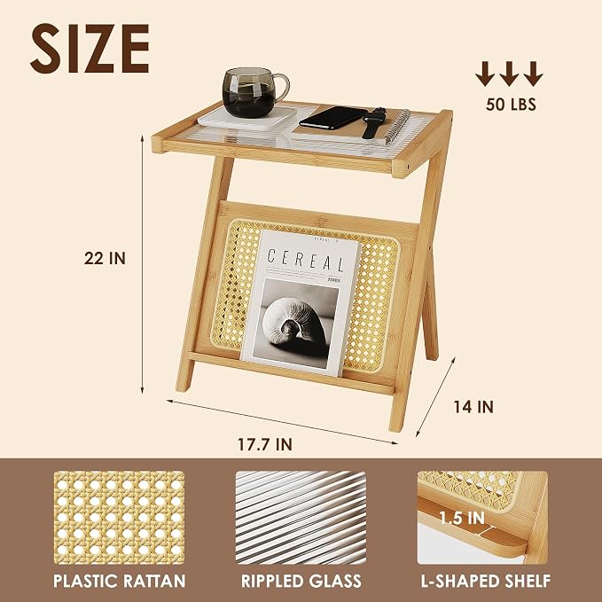Bamworld Rattan Side Table Boho Night Stand Glass Bedside Small End Tables Bamboo Bedroom Coffee Table with Storage for Living Room and Outdoor Nature