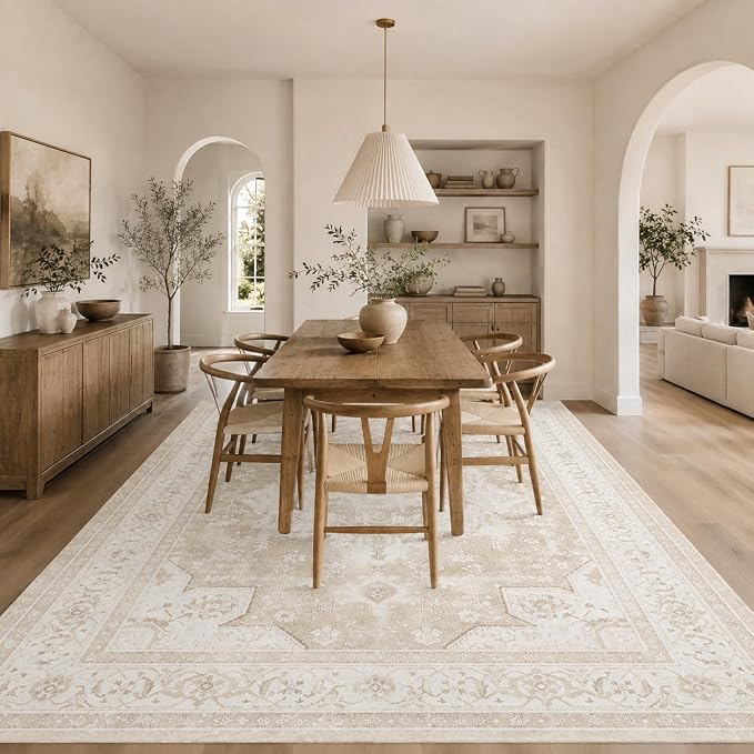 6x9 Area Rug for Living Room Vintage Washable Non Slip Rugs | Beige Farmhouse Boho Floral Neutral Stain Resistant Indoor Carpet for Bedroom Office and Home Decor