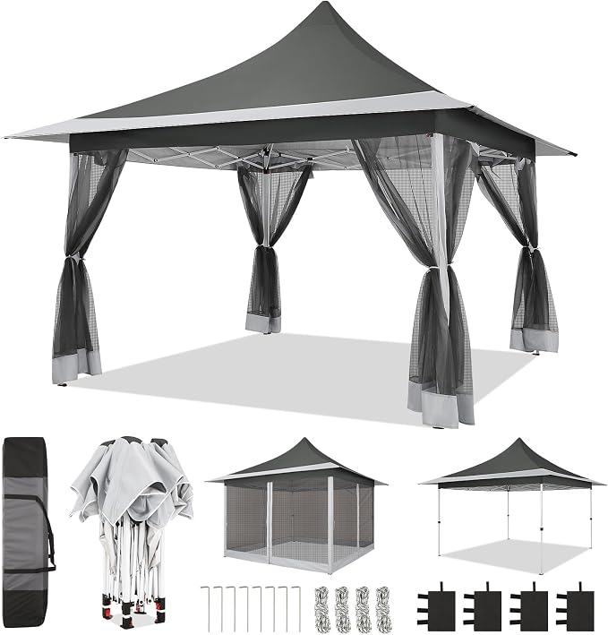 COBIZI 12x12 Pop up Canopy Gazebo on Clearance, Outdoor Canopy Tent with Mosquito Netting & Sandbags,Patio Portable Gazebo for Garden,Backyard & Lawn,Darkgrey
