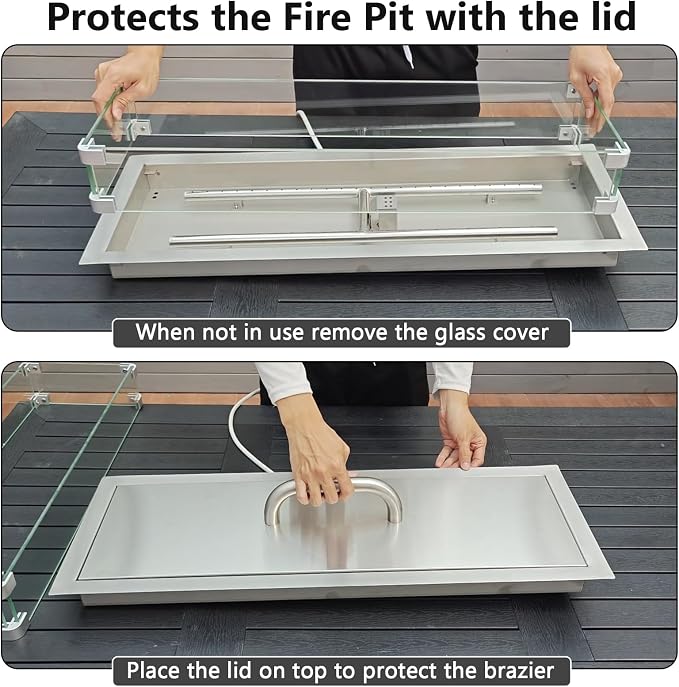 GRISUN Upgraded 30" x 10" Drop-in Fire Pit Kit with Glass Wind Guard & Lid, Linear Fire Pit Burner Pan, Stainless Steel Fire Pit Insert with Spark Ignition