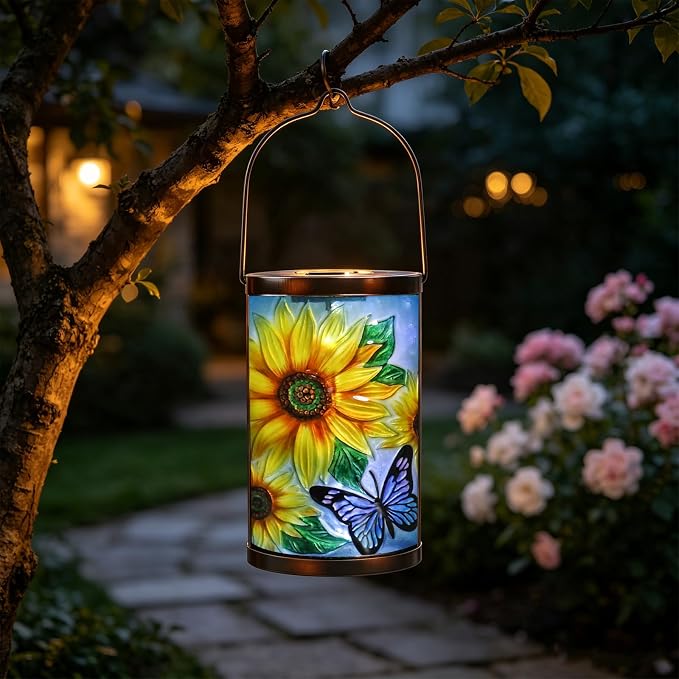 Hanging Solar Lantern Outdoor Waterproof LED Solar Lights Sunflower Decorative Solar Lanterns Tabletop Lamp for Outdoor Patio Garden Yard Decor