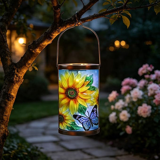 Hanging Solar Lantern Outdoor Waterproof LED Solar Lights Sunflower Decorative Solar Lanterns Tabletop Lamp for Outdoor Patio Garden Yard Decor