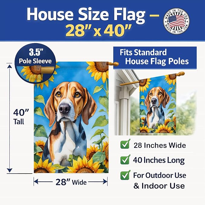 Caroline's Treasures DAC6009CHF American Foxhound in Sunflowers House Flag Large Porch Sleeve Pole Decorative Outside Yard Banner Artwork Wall Hanging, Polyester, House Size, Multicolor
