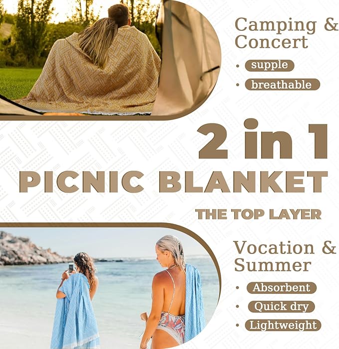 Genovega 2 in 1 Extra Large Rug Outdoor Picnic Blanket Waterproof Woven Boho Mat Giant Beach Towel Travel Essential Yoga Accessories Park Patio Lawn Garden Ground Music Festival Concert Must Have