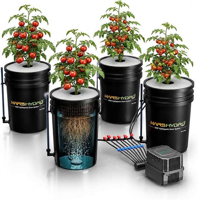 MARS HYDRO DWC 4‑Bucket Hydroponic System with Pump & Drip | 5 Gallon Capacity, 11W Air Pump, Air Stone & Hose, Recirculating Top Drip, Deep Water Culture Design