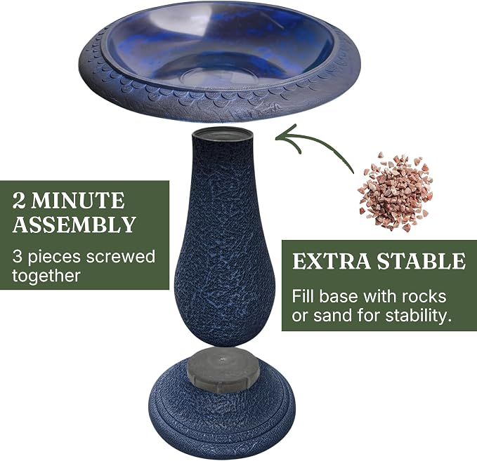 Pedestal Bird Bath Bowl 23 Inch Sea Blue - Stone-Resin Composite Bird Baths for Outdoors - Decorative Standing Outdoor Garden Decor for Front Porch Patio Yard Backyard Lawn Ornament
