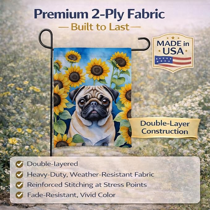 Caroline's Treasures DAC6145GF Pug in Sunflowers Garden Flag Mailbox Flag Decorative Yard Flag Banner Outside Patio Artwork Yard Flower Beds, Garden Size, Multicolor