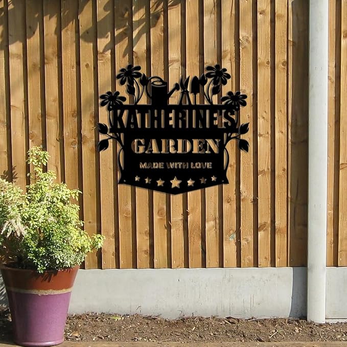 MeMate Garden Sign, Garden Signs for Outdoor Decor, Personalized Metal Signs Garden, Customized Name Wall Art, Large Sign for She Shed Vegetable Garden Porch Deck, Personalized Outdoor Plaques