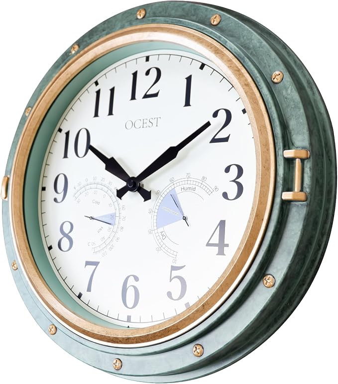 OCEST 16 Inch Indoor Outdoor Clock, Waterproof Wall Clock with Thermometer Hygrometer, Silent Non-Ticking Battery Operated Decor for Home Decor, Patio(Retro Green)