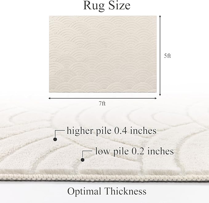 SHACOS Soft Cozy Fluffy Arch Waves Pattern High-Low Textured Area Rug 5'x7' | Non Slip Washable Minimalist Modern Graphic Rainbow Carpet for Living Room Bedroom Bathroom Dining Room, Cream