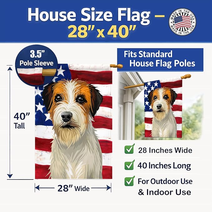 Caroline's Treasures CK6678CHF Russell Terrier Dog American Flag House Flag Large Porch Sleeve Pole Decorative Outside Yard Banner Artwork Wall Hanging, Polyester, House Size, Multicolor