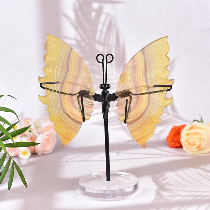 JIC Gem Large Yellow Fluorite Crystal Butterfly Art Cute Gemstone Butterfly Decorative Yellow Crystal Butterfly Wings with Stand Reiki Healing and Crystal Grid Meditation Decor Gifts (1pair, 17-18cm)