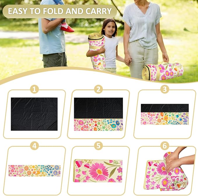 Floral Picnic Blankets Waterproof Foldable, 80″X80″ Extra Large Picnic Mat Boho Outdoor Blanket for Grass, Cute Packable Beach Blanket Sandproof Picnic Accessories for Camping Music Festival Park Lawn