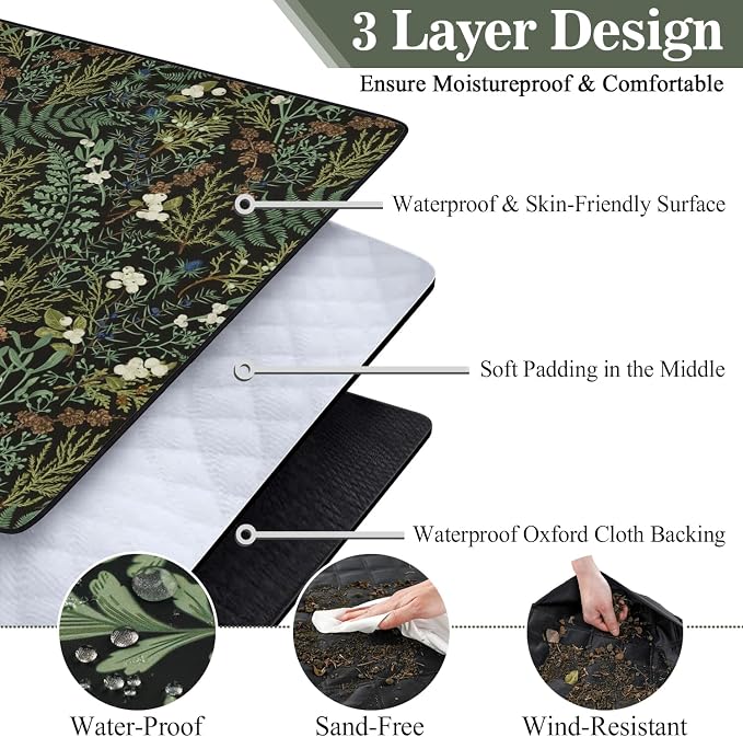 Picnic Blankets Waterproof Foldable Extra Large,80"x 80" Outdoor Beach Blanket Sandproof,3-Layer Lightweight Handy Mat Tote Picnic Camping Rugs for Outside Your Rv (Botanical Fern Leaves Floral Sage)