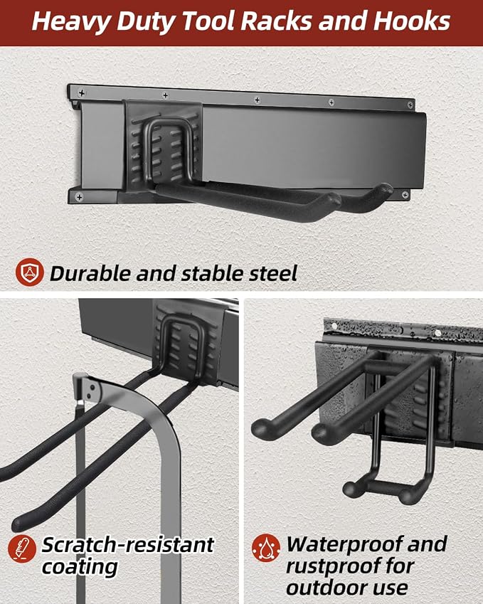 48-Inch Garage Storage Tool Organizer with 8 Hooks - Heavy Duty Metal Rack for Garage Organization, Garden Tool Organizer - Wall Mounted Tool Hanger for Shovels, Ladders, Lawn Tools