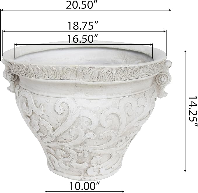 Christopher Knight Home Armis Round Concrete Planter, Indoor Outdoor Garden Plant Pot with Drainage Hole, Floral Relif Patio Urn Planter for Front Porch/Backyard, Outdoor Planter Box, Antique White