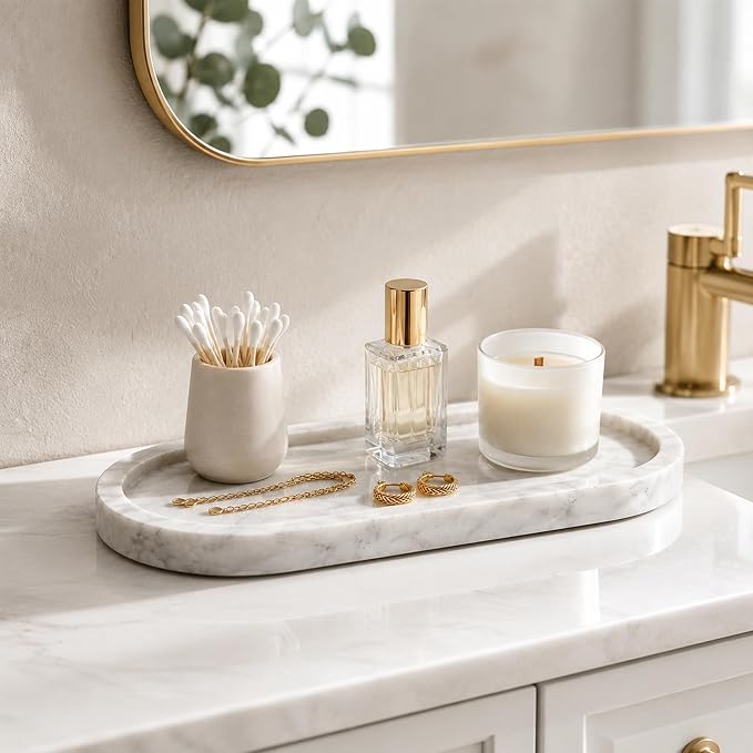 Natural Marble Vanity Tray Waterproof Italy Stone Bathroom Organizer for Perfume, Candles & Jewelry Non-Slip Oval Storage Tray for Spa, Bedroom, Kitchen 9.8" x 4.5" White (BH101)