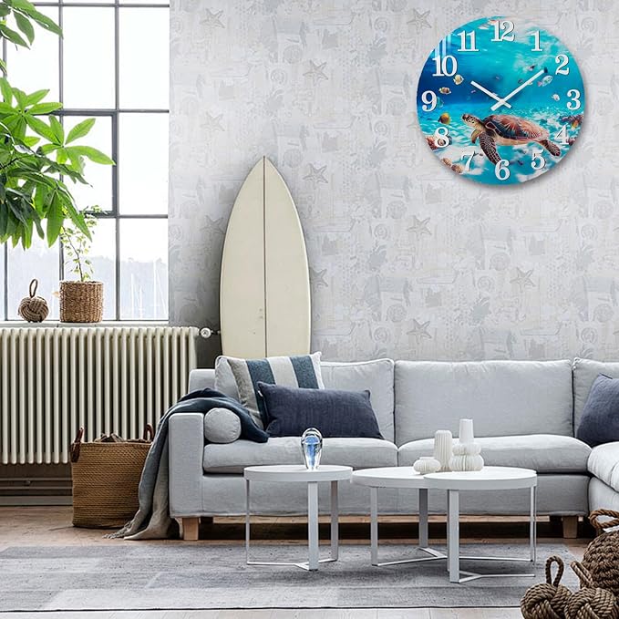 Yoiolclc Outdoor Clocks Waterproof Outdoor Coastal Beach Ocean Wall Clocks for Patio Pool Garden Home Decor(14 Inch,Blue,Sea Turtle)