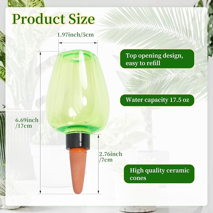 3pcs Plant Self Watering Globes, Plastic Water Bulbs Top Fill, 12.3 oz Plant Watering Devices System Slow Release Terracotta, Water Spikes Stakes for Indoor (Green-3pack)