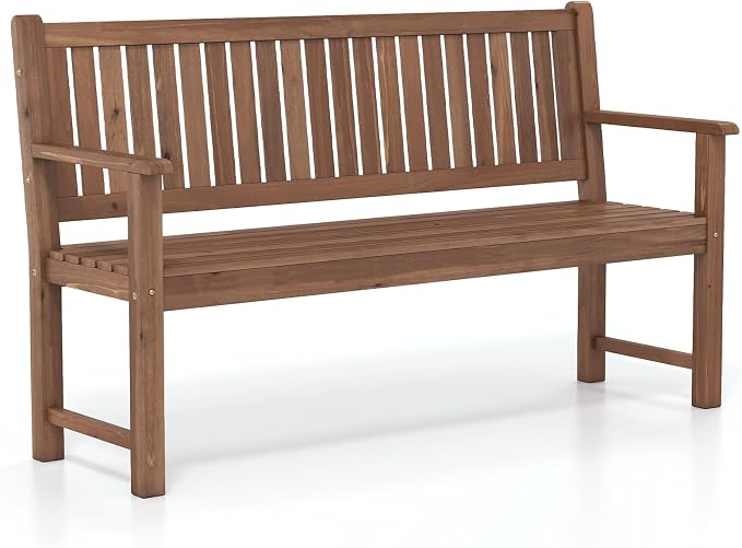 Tangkula 3-Seater Outdoor Wooden Bench, 59” Large Garden Bench with Backrest, Armrests, Slatted Seat, Loads up to 990 LBS, Fir Wood Bench Seating for Porch, Backyard, Deck, Poolside (59",Brown)
