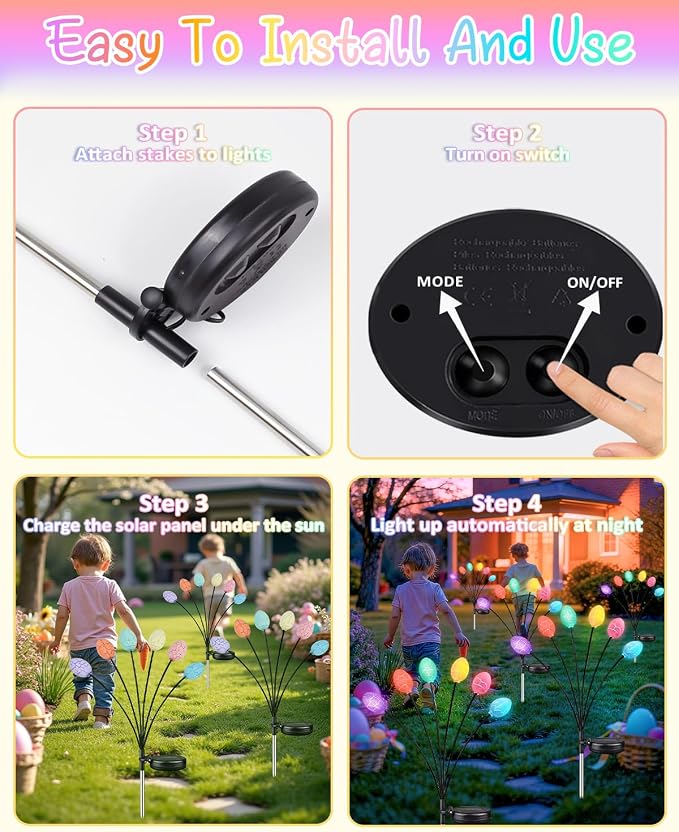 Upgraded 4 Pack Solar Easter Egg Lights Outdoor, Colorful Swaying Firefly Lights with 2 Lighting Modes, Waterproof Solar Pathway Lights for Spring Garden Lawn Yard Patio Porch Easter Decorations