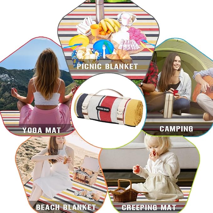 G GOOD GAIN Waterproof Picnic Blanket Portable with Carry Strap for Beach Mat or Family Outdoor Camping Party (Lipstick Red)
