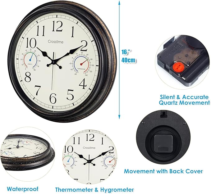 Crosstime 16 Inch Large Outdoor Clock Waterproof with Thermometer and Hygrometer Combo, Retro Indoor Outdoor Wall Clocks for Patio, Pool, Garden, Backyard Decor- Bronze