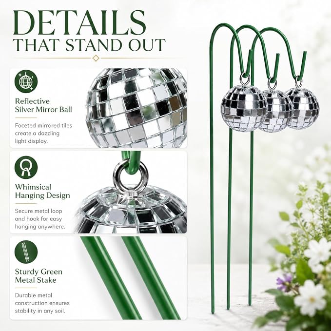 3 Pack Disco Ball Garden Stakes, Silver Mirror Ball Outdoor Plant Decor, Reflective Hanging Globe Stake Ornaments for Flower Pots Patio Lawn Yard Pathway Garden Decorations (M*3pcs)