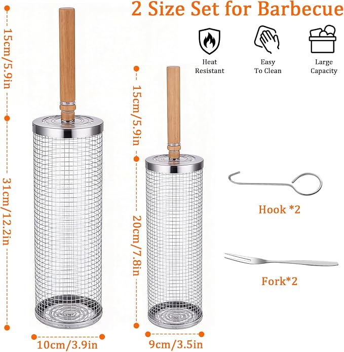 Rolling Grill Basket 2 Pcs, Removable Wooden Handle, 304 Stainless Steel, Smoker Grilling Accessories for Vegetable, Outdoor Cooking Camping, Birthday Gifts for Men Dad Husband (Large)