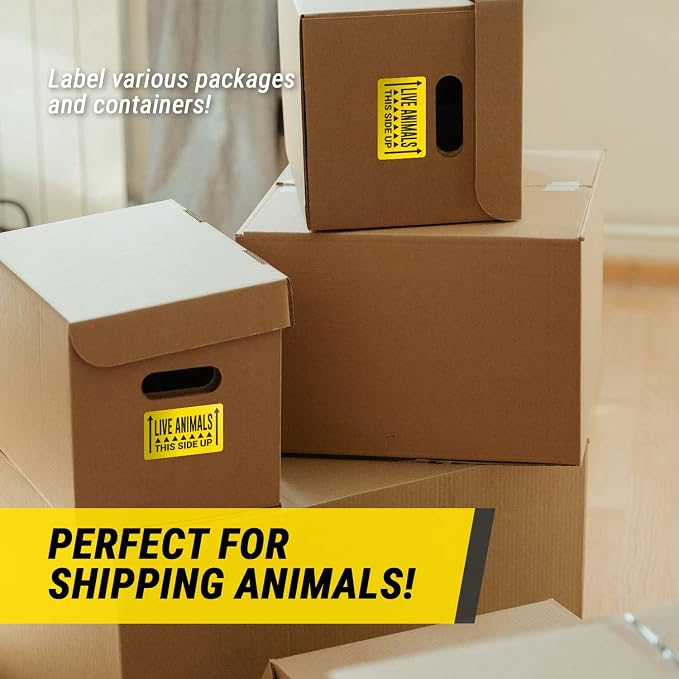 Live Animal Labels, Yellow, 5 x 3 Inch, 300 Labels | This Side Up Arrows, Warning Live Animals, Shipping & Handling Instructions, Airline Cargo Crates