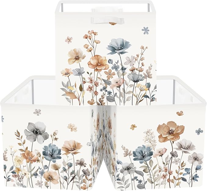 Clastyle Flowers Storage Cube Organizer Set Handle Closet Clothes Cube with Metal Frame Foldable Parents Organizer Storage Basket for Book Toy,Boho Brown,11.8x11.8x11.8 in