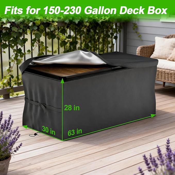 EVRBUL Upgraded Deck Box Cover 63×30×28 Inch for 150-230 Gallon Outdoor Storage Container Heavy Duty 420D Cover with Durable Two-way Zipper Windproof Buckles and Drawstrings
