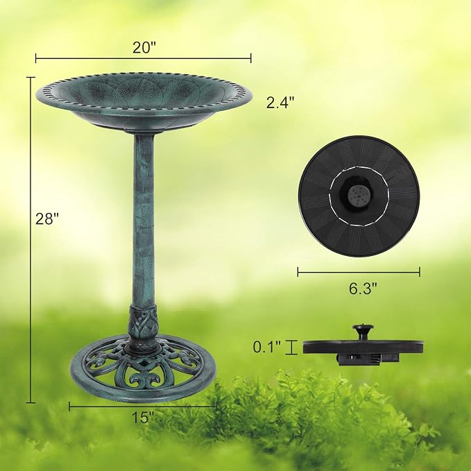 VINGLI Pedestal Bird Bath with Solar Fountain, Solar Pump Resin Birdbaths, Weather Resistant Bird Baths with Ground Stakes, Vintage Finish Garden Decor for Outdoor, Patio, Yard, Lawn(Green)