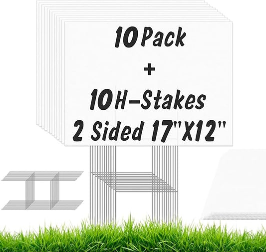 10Pcs Blank Yard Signs with Stakes, IKAYAS 17X12inch White Garden Yard Signs Yard Sale Signs Corrugated Plastic Signs for Party Decorations,Garage Sale, Guidepost, Open House