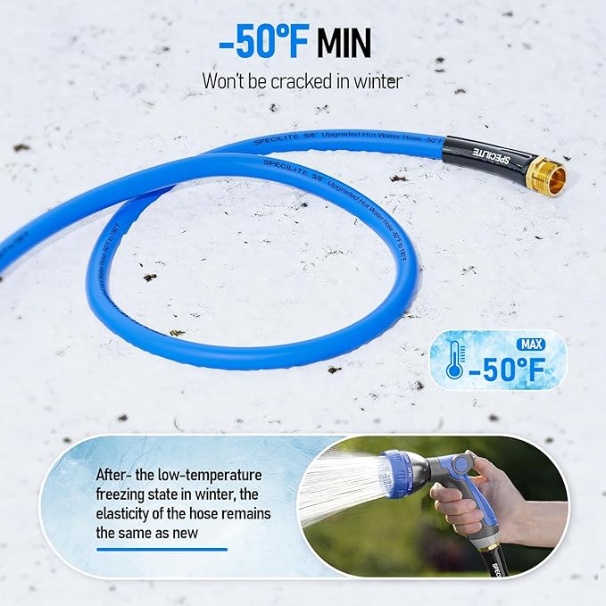 SPECILITE Retractable Hose Reel with 5/8'' Hot/Cold Garden Water Pipe 50ft, -50℉ -190℉, Heavy Duty Metal Wall Mount Spool, with 6ft Lead Hoses, Nozzle, 3/4'' Brass Fittings for Garage, Yard, Blue