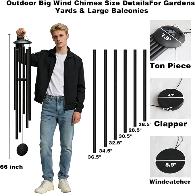 66" Extra Large Wind Chimes for Outside Deep Tone, Deep Soulful 6 Tube Aluminum Windchimes with Healing, Breezy Melodies, Rustproof Black Finish Heartfelt Gift for Mom's Patio Garden