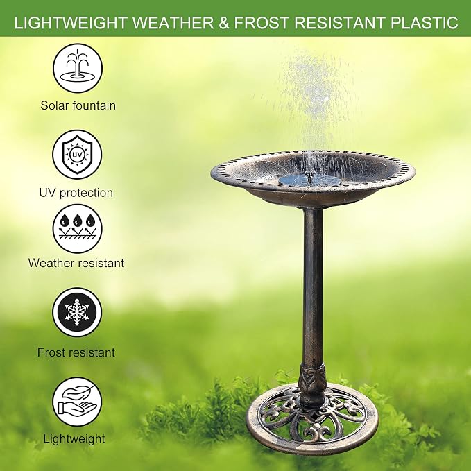 VINGLI Pedestal Bird Bath with Solar Fountain, Solar Pump Resin Birdbaths, Weather Resistant Bird Baths with Ground Stakes, Vintage Finish Garden Decor for Outdoor, Patio, Yard, Lawn (Copper)