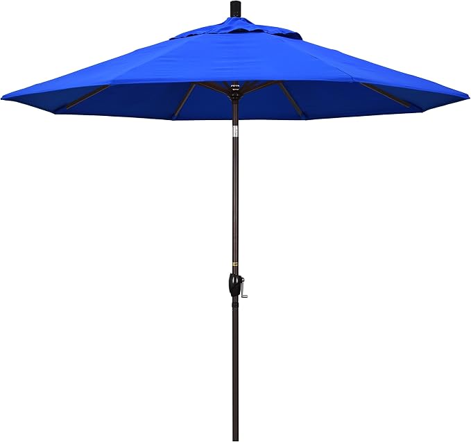 California Umbrella 9' Round Aluminum Market Umbrella, Crank Lift, Push Button Tilt, Bronze Pole