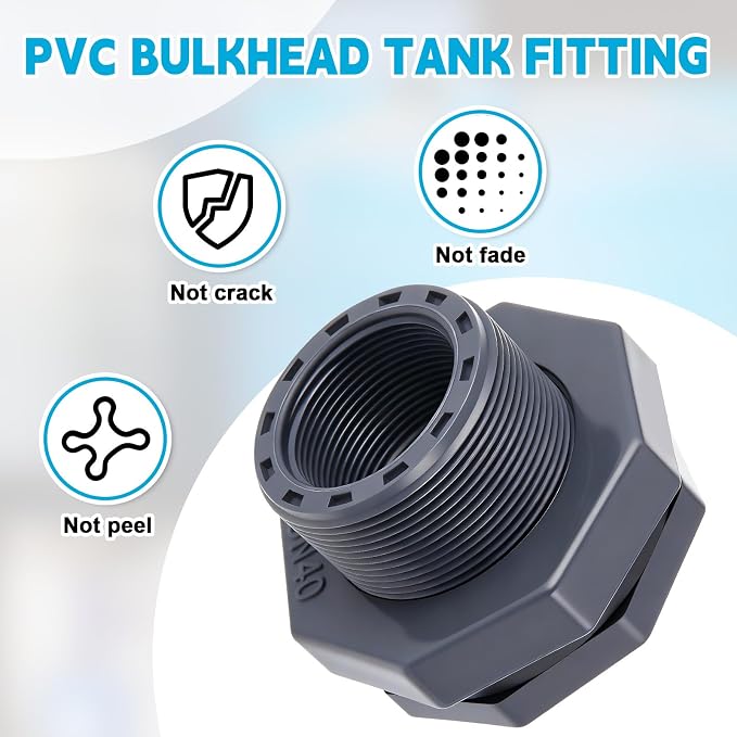 2 Pcs 1-1/2 Inch Bulkhead Fitting PVC Water Tank Connector Plumbing Pipe Threaded Bulkhead Fitting NPT for Rain Barrels, Water Tanks, Aquariums, Tubs, Pools