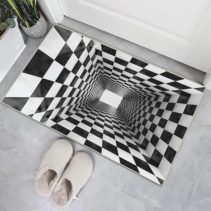 Boho Area Rug for Living Room Abstract 2x3 Entryway Rug Modern 3D Hole Trap Optical Visual Illusion Rugs Non Slip Low Pile Machine Washable Black White Floor Carpet for Indoor Bedroom Dining Room